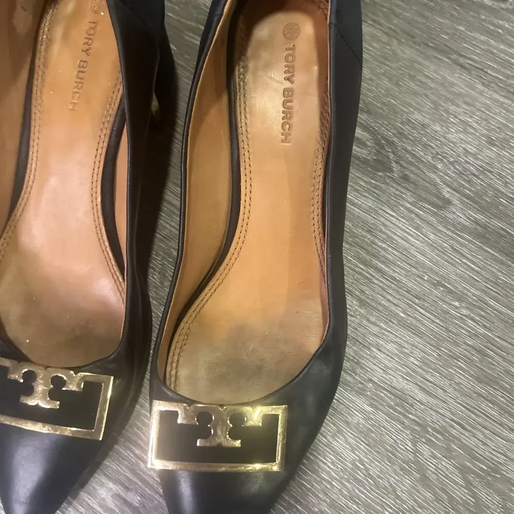 Tory Burch Gigi Black Pointed Toe Heels with Gold Logo 8